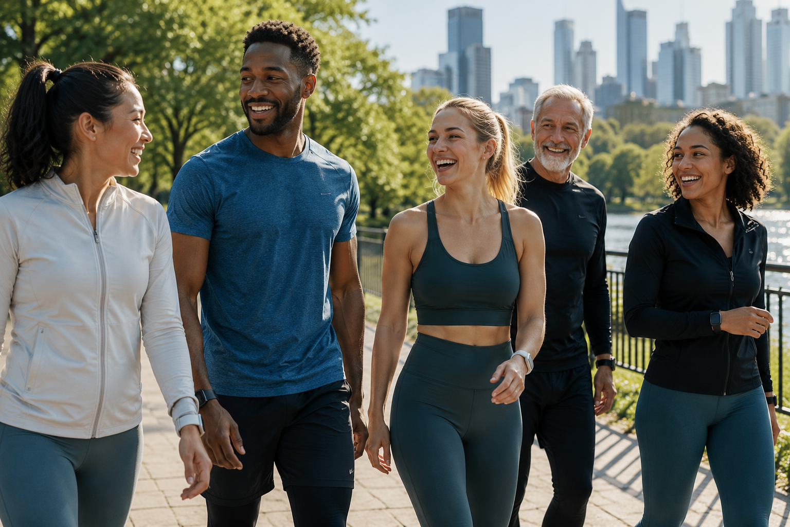 Group walking together in a city park