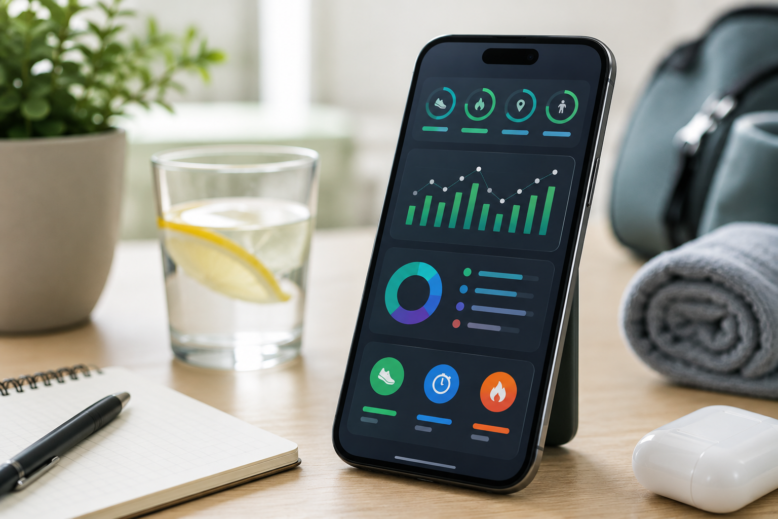 Fitness app interface in a modern workspace